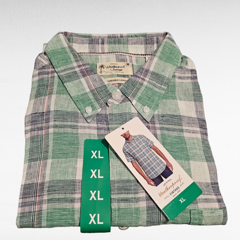 Original Weatherproof Vintage Linen Green Plaid Short Sleeve Shirt Size XL